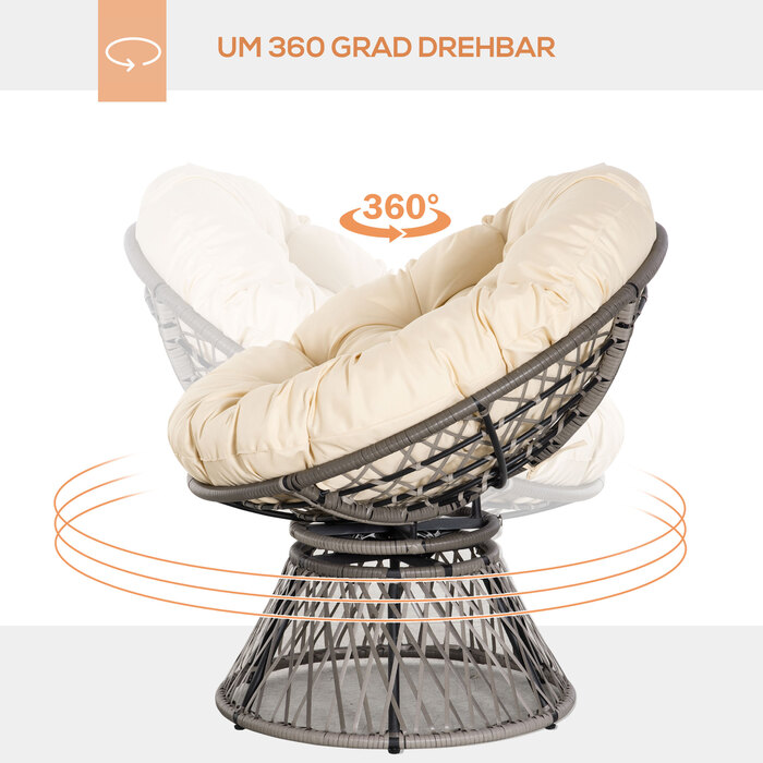 Крісло-гойдалка Outsunny Papasan, плетене крісло, м'яке сидіння, ротанг з штучного волокна, поворотне, металевий каркас, 87 x 97 x 90 см, бежеве