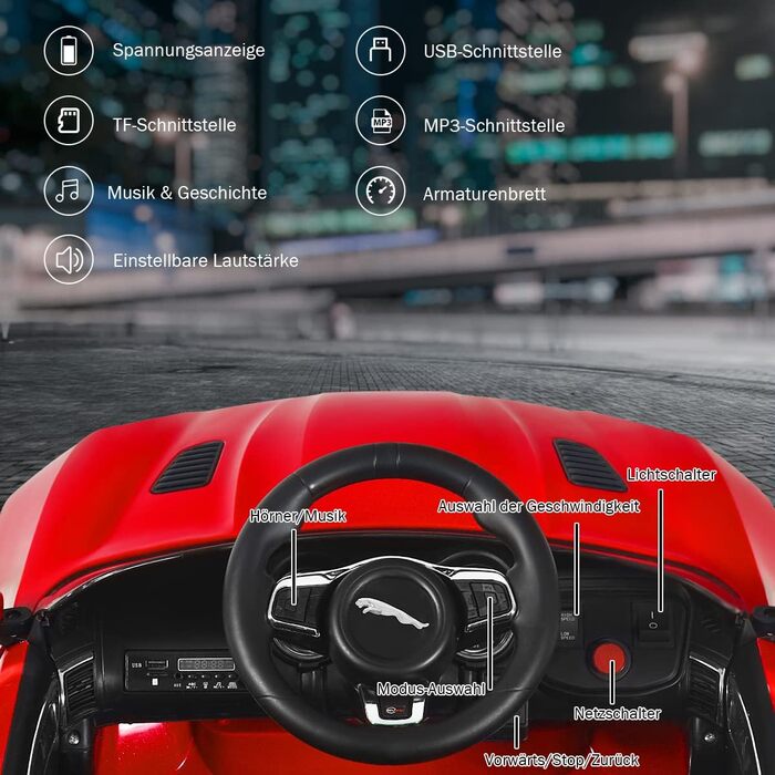 Дитячий електромобіль COSTWAY Jaguar 12V з музикою, історіями, сигналом і фарами, на пульті ДУ, для дітей від 3 років, червоний