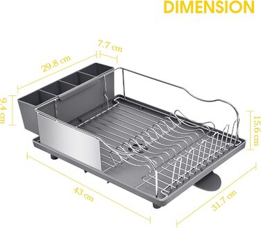 Сушарка з нержавіючої сталі KINGRACK, антикорозійна, 2-смугова дошка для крапельного зсуву, знімний 4-секційний тримач для посуду, сірий