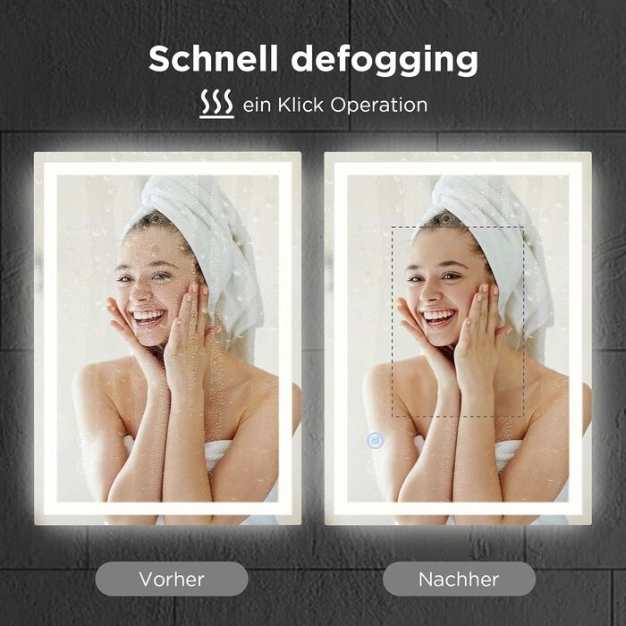 Дзеркало у ванну кімнату з підсвічуванням 50x70 см, сенсорне керування, протитуманне покриття, 3 кольори світла, регулювання яскравості, пам'ять налаштувань, матове покриття, прямокутна форма