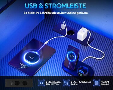 Ігровий стіл Coleshome з LED-підсвічуванням 110x80 см, з ящиками та розетками, з полицею, чорний, карбон