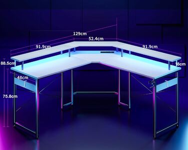 Ігровий стіл ODK 129x129 см з LED підсвіткою, 2 розетки та 2 USB, для ПК та комп'ютера, білий