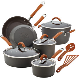 Набір кухонного посуду Rachael Ray Cucina Harteloxiertes, з антипригарним покриттям, з товстого алюмінію (сірий з помаранчевими ручками)