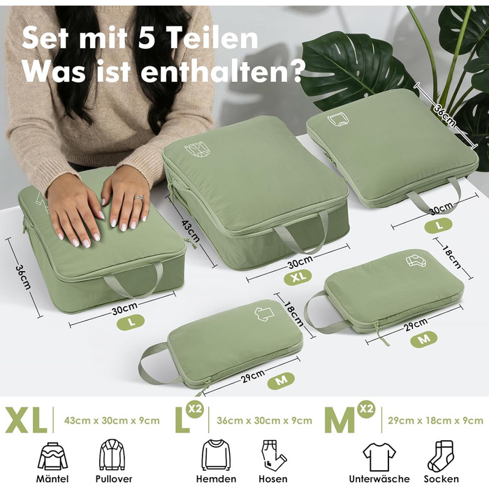 Набір компресійних органайзерів для одягу в дорогу (5 шт), нейлонові пакувальні куби для валізи та рюкзака, зелені