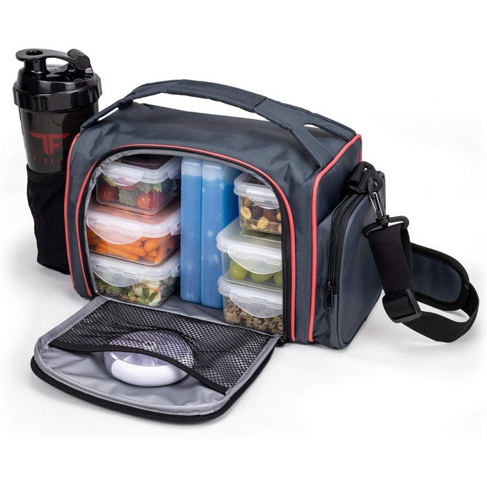 Ізотермічна ланчбокс з 6 контейнерами для їжі – BPA-Free, багаторазовий, підходить для мікрохвильової печі та морозильної камери – ланч-сумка з шейкером, органайзером для пігулок, плечовим ременем та охолоджувальними пакетами – червона сумка-холодильник