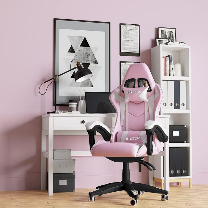 Ігровий крісло Bigzzia Ergonomiczne - ігровий сідло з подушкою для попереку та підголівником, 90-135° спинка, ігровий стілець для ПК, геймерський стілець для дорослих, дівчаток та хлопців, рожево-білий