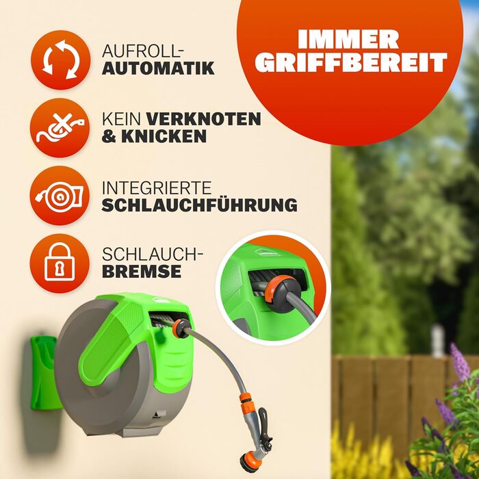 Шланговий барабан Gardebruk® 20м + 2м з кріпленням для стіни, 1/2', для саду, багатофункціональна ручна лійка, система подачі та намотування шланга