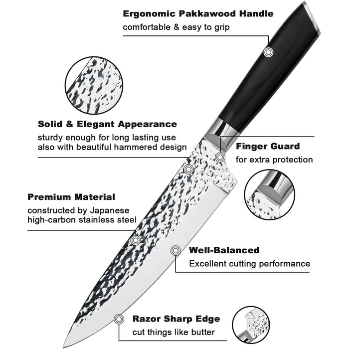 Набір кухонних ножів Messerblock 6 предметів: професійний набір з нержавіючої сталі з ергономічною ручкою з ебену, включає кухонний, м'ясний, хлібний, універсальний та овочевий ножі