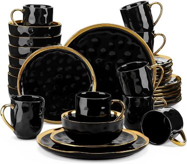 Набір для обіднього сервізу LOVECASA, набір посуду з кераміки SWEET, посуд із золотим обідком, комбінований сервіз 16 предметів на 4 особи з обідньою тарілкою, десертною тарілкою, мисками та чашками (чорний, 32 шт. Столовий сервіз)