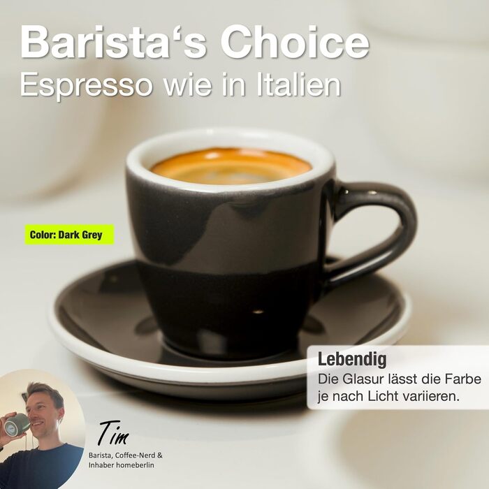 Набір еспресо-чашок Homeberlin Barista Pro - 4 шт. по 80 мл - Преміум якість, ручна робота, сірий глазурований стеглинний фарфор з підставками