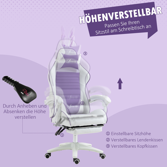 Ігровий крісло Vinsetto Ergonomischer Gamer Stuhl з підтримкою попереку, підставкою для ніг, ігровий крісло з вушками кролика, подушкою для голови, офісне крісло з регульованою спинкою та функцією відкидання спинки, фіолетовий | Aosom