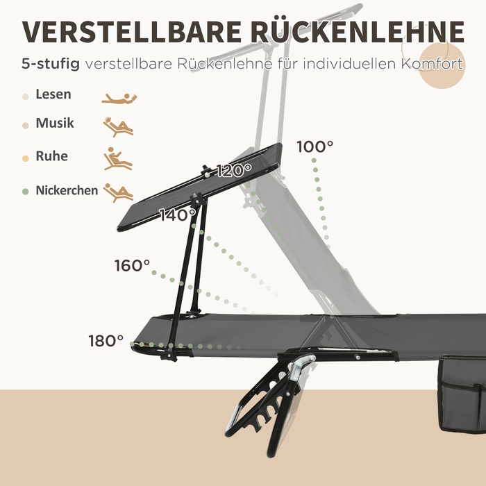 Набір з 2 сонячних лежаків, розкладні садові лежаки з сонцезахисним навісом, спинка з 5 рівнями регулювання висоти, темно-сірий