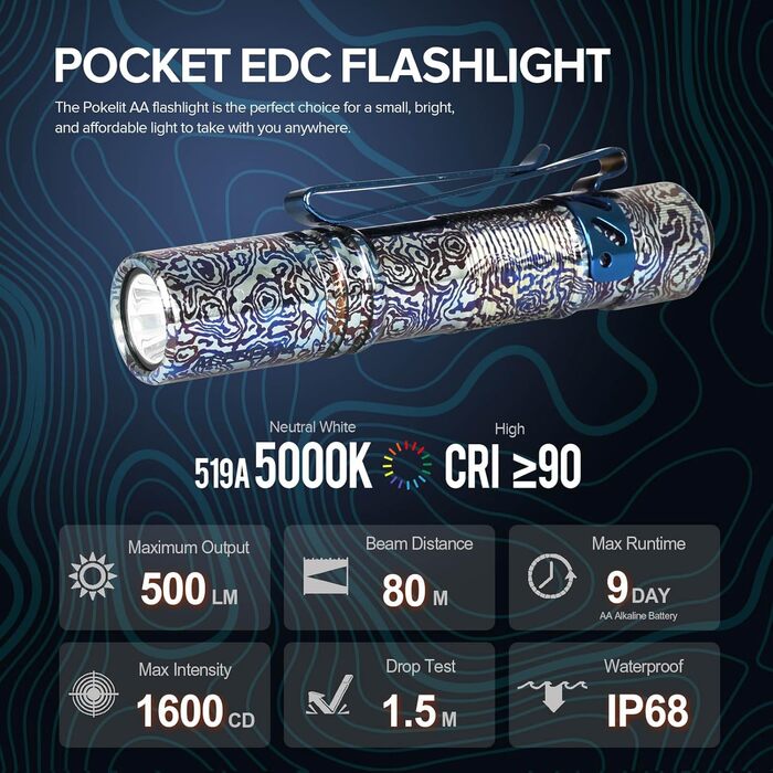 Ліхтар ACEBEAM Pokelit AA акумуляторний EDC 550 люмен, 90 CRI LED, для кемпінгу (титан)