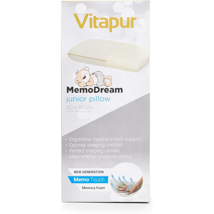 Подушка MemoDream Junior від VITAPUR для дітей, 30x50x9 см, Memory Foam, гіпоалергенна, м'яка, пральна, Ökotex-100, від 3 років