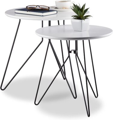 Набір приставних столів Relaxdays з 2 шт. , круглі гніздові столи з металевим каркасом, приставні столики, стільниця 40 і 48 см, МДФ, чорно-білий, стандартний