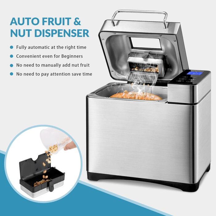 Преміум хлібопекарня Konvektions-Brotbackautomat 710W з керамічною формою, 17 програм, нержавіюча сталь, дозатор горіхів, сенсорне скло, срібляста