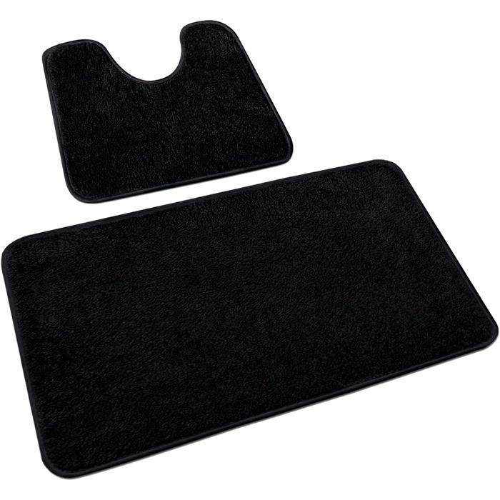 Комплект килимків для ванної кімнати: м'який мікрофібровий килимок 50x80 см та килимок для унітазу 50x40 см, чорний, нековзний, для ванної кімнати