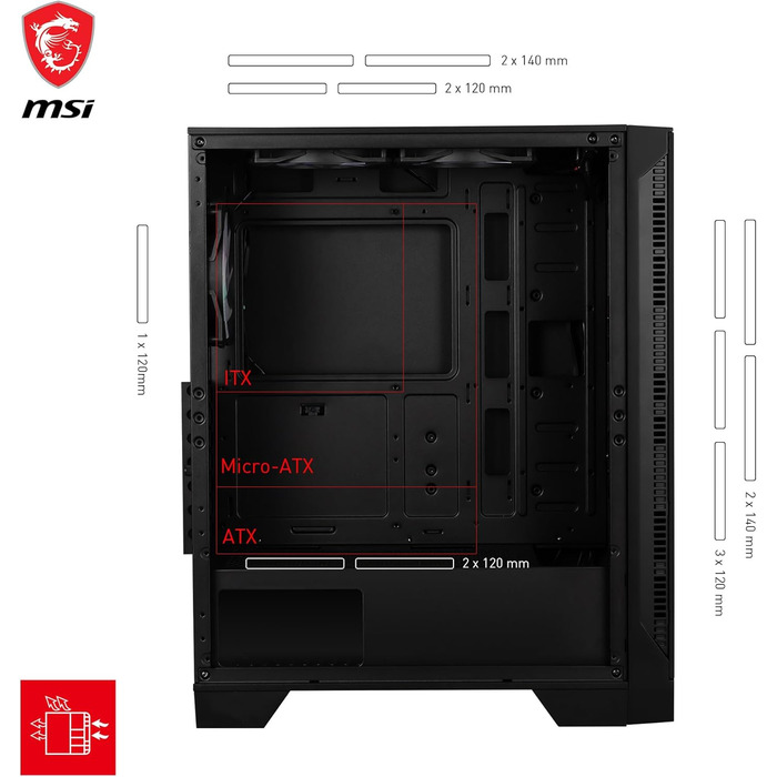Корпус для ПК MSI MAG Forge 120A Airflow, Mid-Tower, ATX, підтримка RTX 40, Auto-RGB вентилятори, магнітні пилові фільтри, загартоване скло, USB 3.2 Gen1 Typ-A