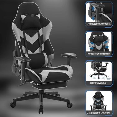 Крісло ігрове WOLTU з тканини, дихаюче, для літа, ергономічне, з підтримкою попереку, для геймерів, racing, PC, з функцією гойдання та підніжкою, для стрімінгу, чорно-сіре, тканинне