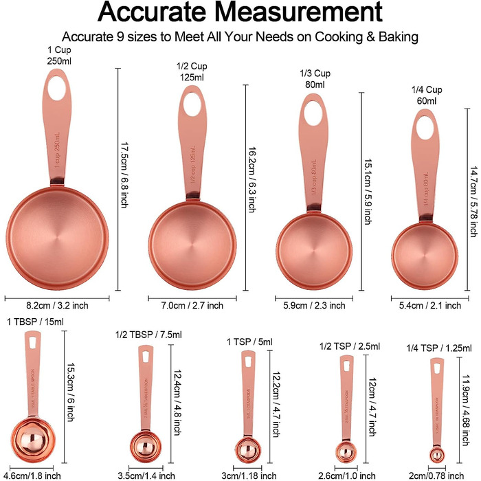 Мірні чашки і ложки Cuteefun, 8 шт. , ручка з нержавіючої сталі з метричними і американськими розмірами, гладка полірована поверхня, мірні чашки для сухих і рідких інгредієнтів, для випічки і приготування їжі (Рожеве золото)