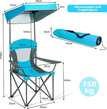 Крісло для кемпінгу COSTWAY з навісом від сонця з навантаженням до 150 кг, складне крісло з підстаканником і сумкою для перенесення, розкладне крісло для пляжу, саду, відкритого простору, тераси 90x72x150 см Синій