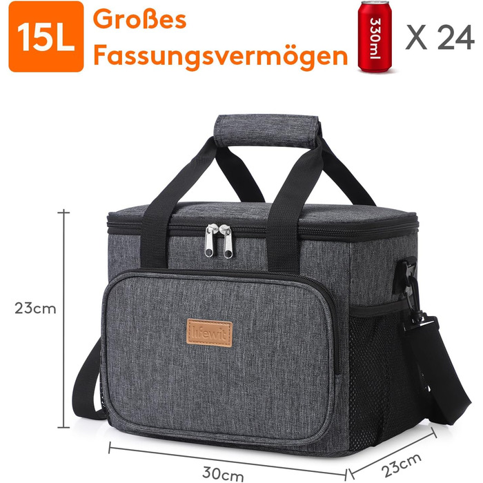 Термосумка-холодильник Lifewit 15л, сіра: сумка-холодильник для пікніка, пляжу, роботи, подорожей. Ізольована, складана, водонепроникна сумка для обіду, напоїв
