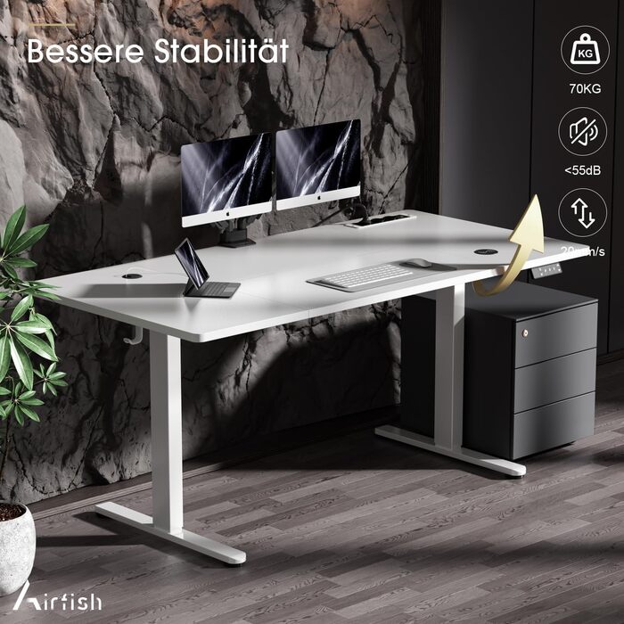 Електричний стіл Airfish з регулюванням висоти (140x70 см) з бездроговою зарядкою, комп'ютерний стіл, пам'ять на 3 функції, нагадування про відпочинок, білий. Також доступний розмір 180x80 см.