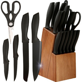 Набір ножів кухонних 15 шт. з дерев'яним блоком (з ножицями та точилкою). Набір ножів з блоком з масиву акації