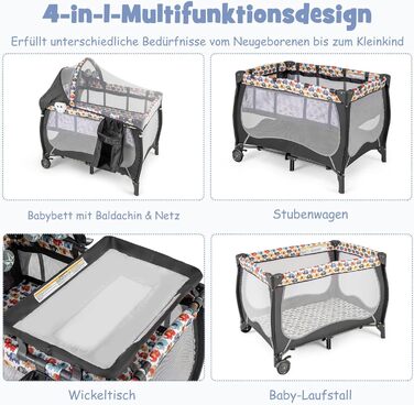 Дитяче ліжко COSTWAY 4 в 1 спальне місце, дорожнє ліжечко, пеленальний столик, ігрова арка, до 36 місяців (різнокольорове)