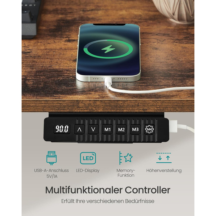 SONGMICS Регульований стіл SONGMICS Höhenverstellbarer Schreibtisch електричний, 160 x 70 см, з пам'яттю, vintagebraun-Mattschwarz, LSD026X01