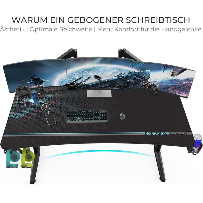 Ігровий стіл EUREKA ERGONOMIC 152x70 см - великий комп'ютерний стіл для геймерів з підставкою для навушників та тримачем для напоїв, чорний