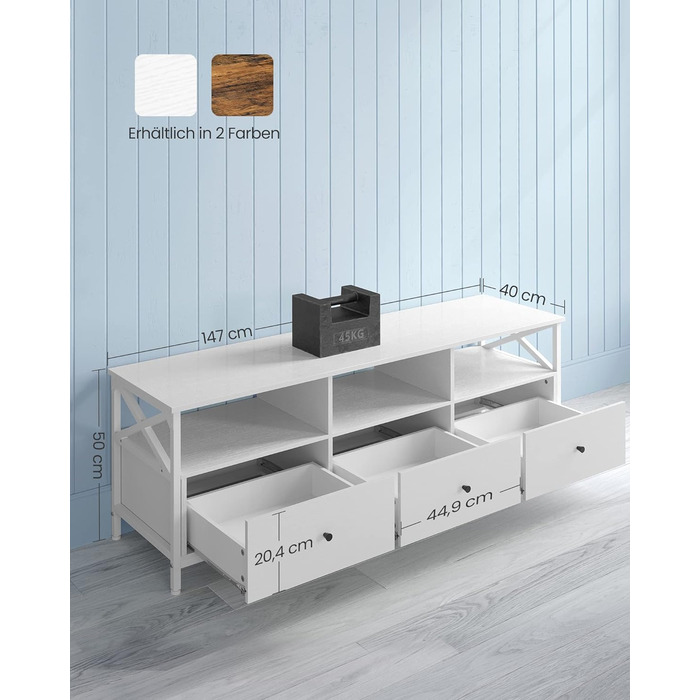 Тумба під телевізор VASAGLE, 120 см, з 2 шухлядами та відкритими полицями, для телевізора до 55 дюймів, сталевий каркас, вінтажний колір, LTV300B01