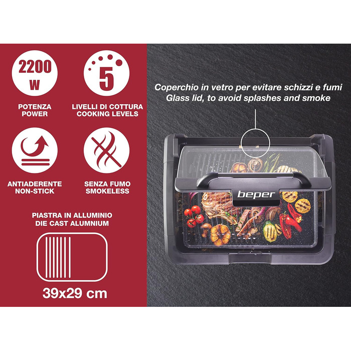 Електрогриль BEPER 90.871 з кришкою, антипригарна поверхня, нержавіюча сталь, 2200 Вт, чорний