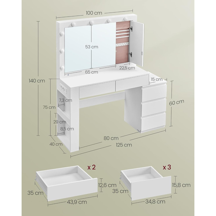 Трюмо VASAGLE з LED-підсвічуванням, дзеркалом та ящиками, 40 x 125 x 140 см, сучасний дизайн, колір