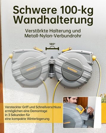 Шланговий барабан GLAHODEN з садовим шлангом 40 м + 2 м, стійкий до сонця та морозу, поворотний на 180°, настінна шланговий бокс з 9-функціональною розпилювальною насадкою