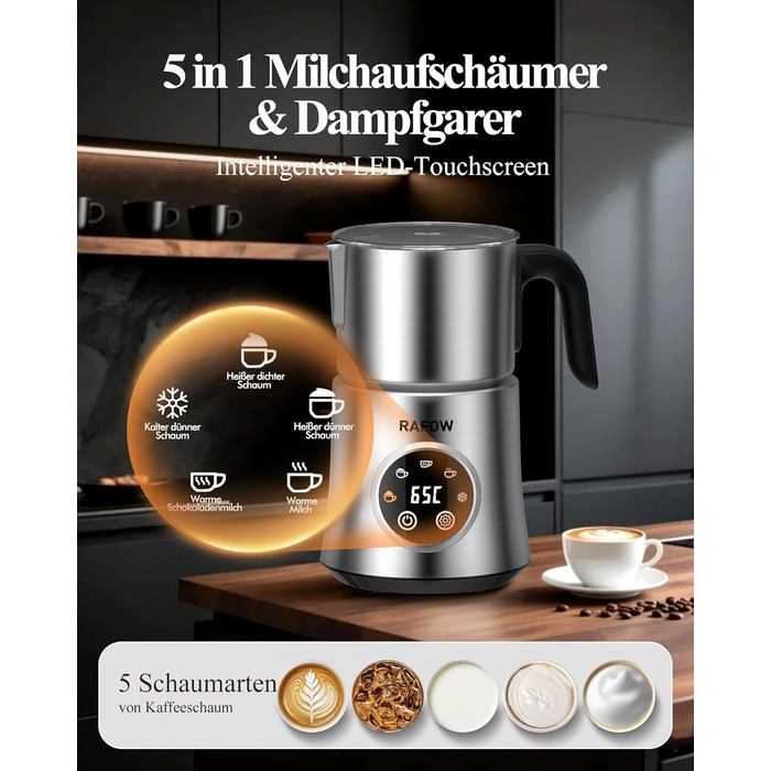Електричний спінювач молока 5 в 1 - автоматичний спінювач молока з великим об'ємом, для гарячого та холодного молока, для капучино, лате, гарячого шоколаду, 500 мл, миється в посудомийній машині