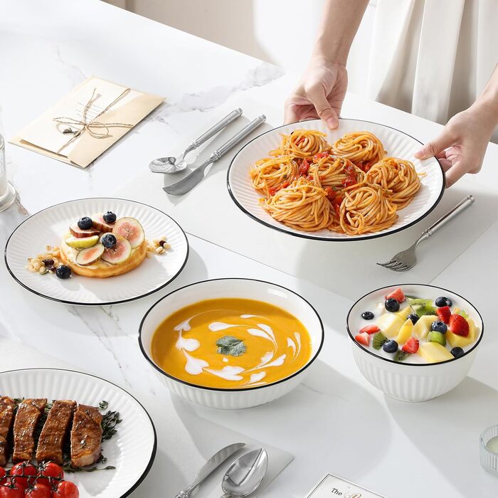 Набір посуду MALACASA LEILA 6 осіб, 24 частини: тарілки, миски, порцеляна, білий з чорним обідком