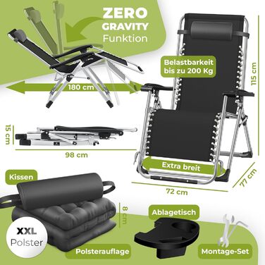 Розкішна шезлонг KESSER® для саду: складаний, стійкий до погодних умов, витримує 200 кг, з ергономічною подушкою, регульованою спинкою, підголівником та тримачем для напоїв (антрацит)