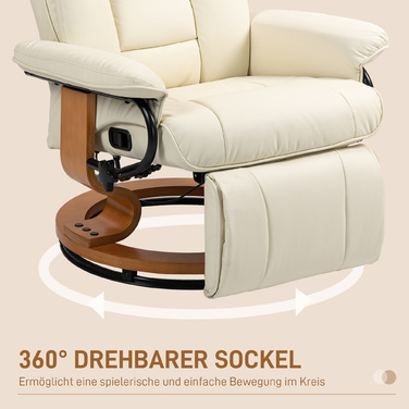 Крісло під телевізор HOMCOM Reclining Recliner Swivel з функцією відкидання та підставкою для ніг до 150 кг, штучна шкіра кремово-білого кольору для вітальні