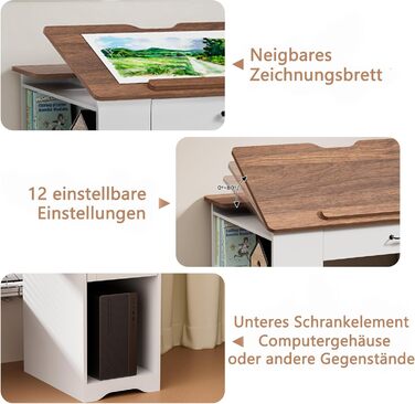 Регульований стіл для малювання AeasyG з 3 ящиками та 3-рівневими полицями, стійка конструкція з МДФ (50 кг вантажопідйомність) для художників та домашнього офісу, кут нахилу 0-80°, 60x120x76 см, білий