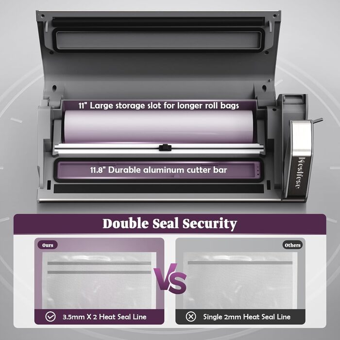 Вакууматор Mesliese для продуктів, 140 Вт, 95 кПа, з подвійним швом, вбудованим різаком та відсіком для рулонів, сірий