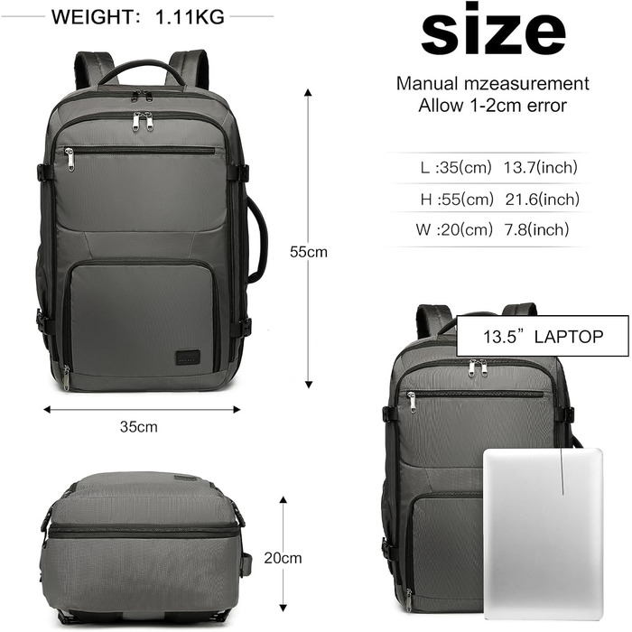 KONO Рюкзак для ручної поклажі в літак, великий, водонепроникний, 55 x 35 x 20 см, 38L, Cyangrau