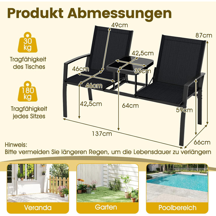 Садова лавка COSTWAY з столом, 2-місна, з дихаючої тканини, для балкона, саду, тераси 137x66x87 см