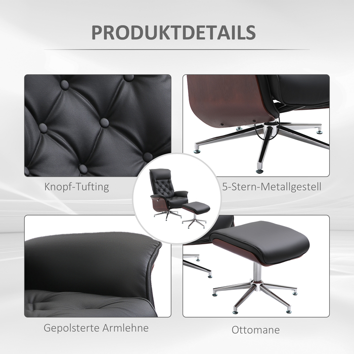 Крісло HOMCOM з пуфом, крісло для телевізора, м'яке крісло, 360° обертання, нахил 145°, з ретро-дизайном Честерфілд, обтягнуте PU-шкірою, з дерев'яними вставками, металевим каркасом, чорного кольору, розміром 82 x 83 x 110 см