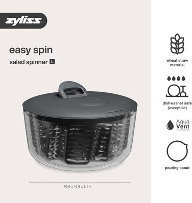 Салатниця Zyliss Easy Spin, 6 л, з мотузковим приводом, неслизьке дно, миска для подачі, AquaVent™-технологія, кнопка стоп, легко миється, сірий колір