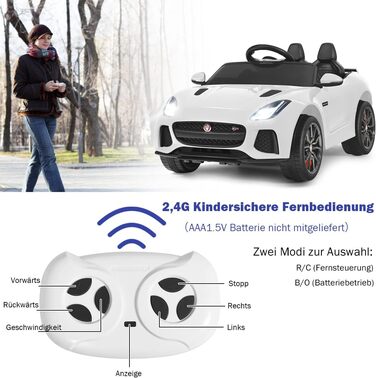 Дитячий електромобіль Jaguar Costway, 12V, з пультом, музикою, фарами, білий, для дітей від 3 років