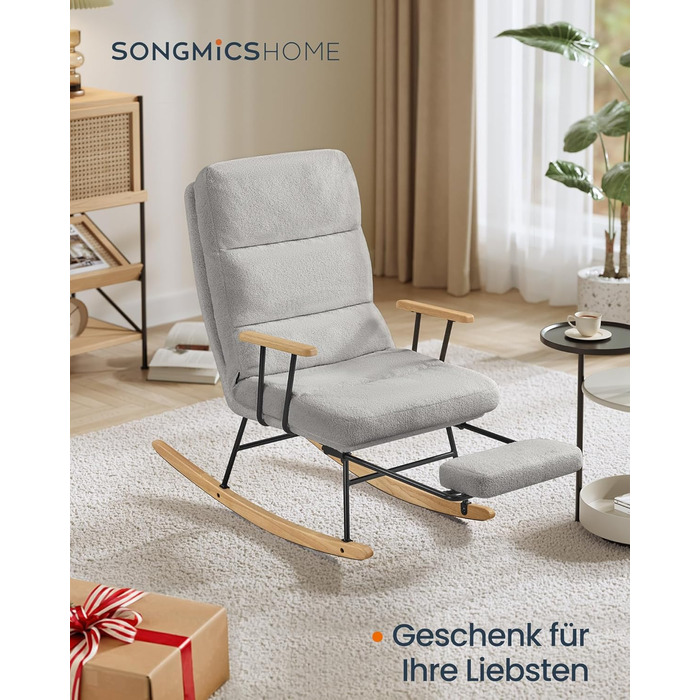 Крісло-гойдалка SONGMICS HOME з дерева каучука, з флісовою оббивкою, регульована спинка, до 160 кг, сірий (LYY016LJ01)