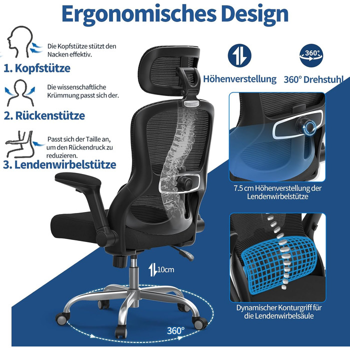Офісне крісло TRALT Ergonomiczne: регульована підголовник, поперекова підтримка, для великих людей, сітка, 150 кг, чорний