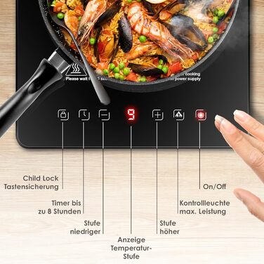 Індукційна плитка KESSER® 2100W з 1 зоною, 28 см, сенсорне керування, таймер, мікрофібра та рецепти