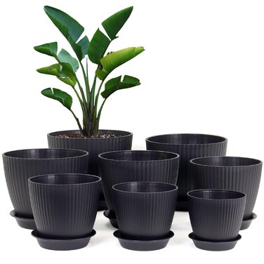 Набір горщиків для квітів з підставкою (8 шт.) 19/17.5/16.5/16/14/13/11.5/10 см, пластик, чорний, для дому та балкону